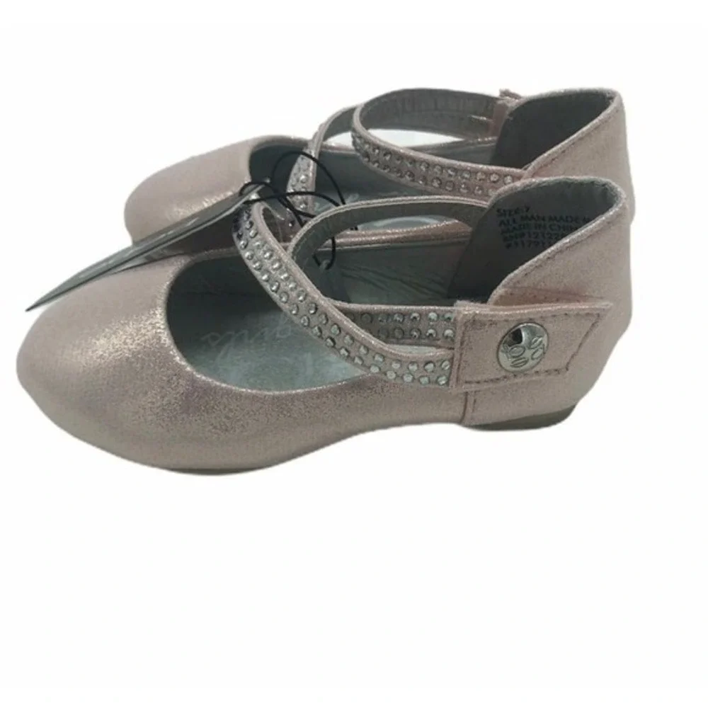 Bebe Girls Rose Gold Metallic‎ Rhinestone Dress Shoes Size 7 Toddler